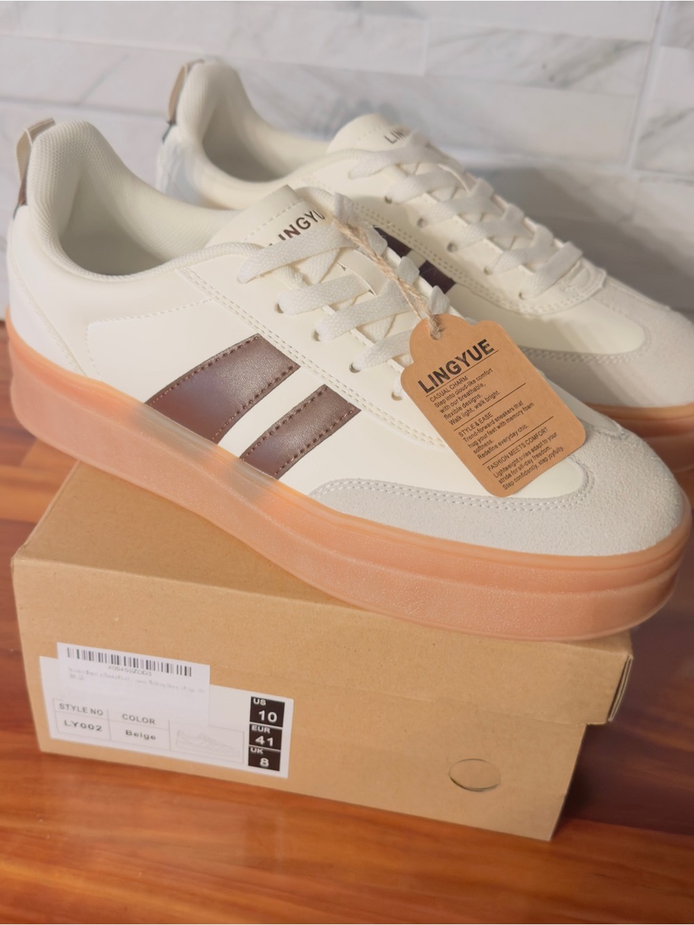 Beige Platform Sneakers with Brown Accent - Women